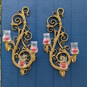 Vtg Syroco Wall Hanging Three Sconce Candle Holder Scrolling Vine Flower Set 21